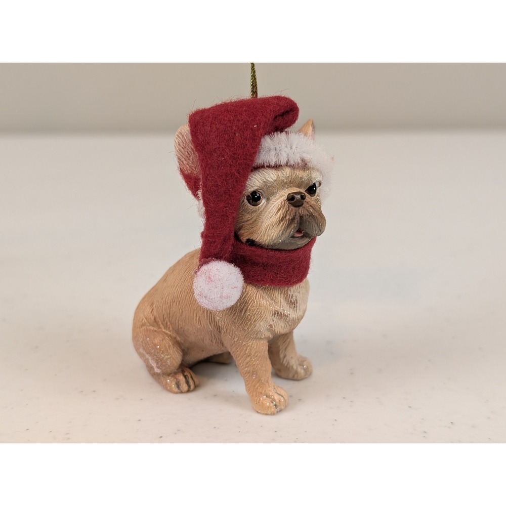 French Bulldog Dog Christmas Tree Ornament Santa Hat Scarf Resin Holiday NWT